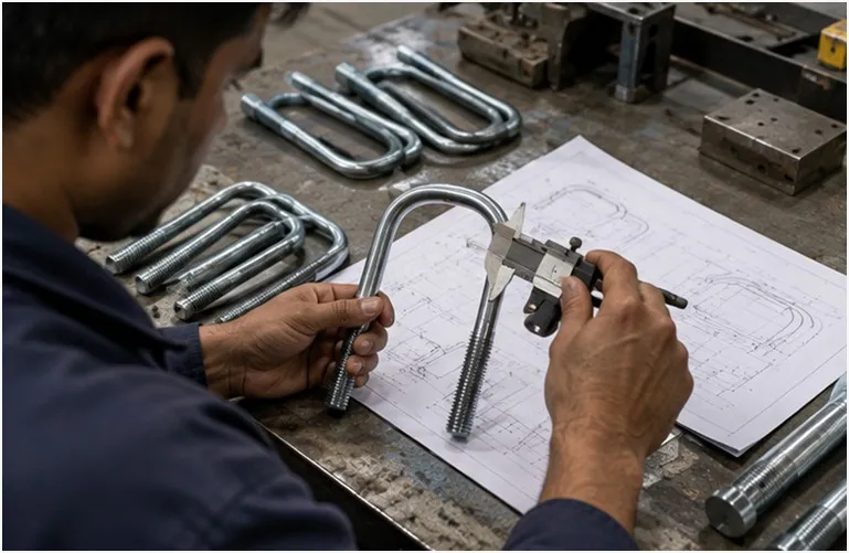 Industrial worker measuring a U shaped steel bolt with vernier caliper above technical drawing